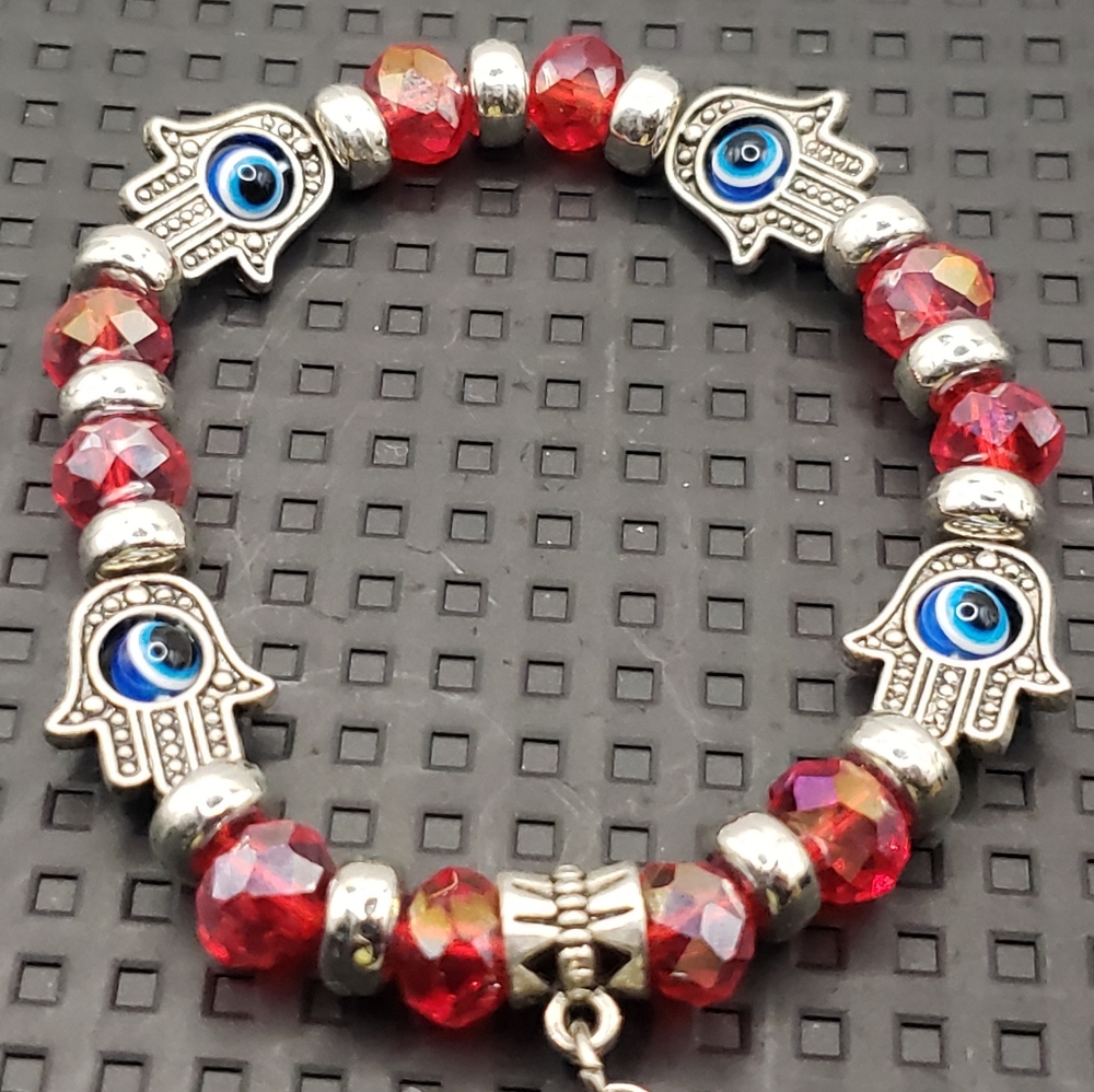 Hamsa Hand Evil Eye Beaded Stretch Bracelet Red Blue Silver - Picture 3 of 8